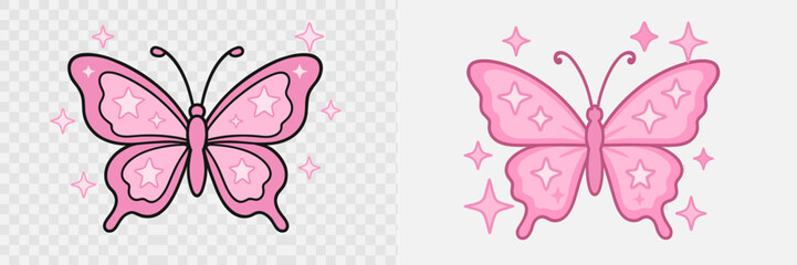 Pink butterfly designs with stars and sparkles, showcasing creativity and vibrant colors in a whimsical style