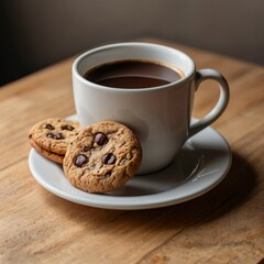 Ceramic Cup of Hot Coffee with Cookies on Neutral Surface