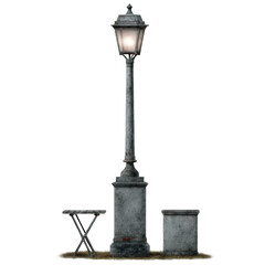 Vintage street lamp with a bench and trash bin, isolated on a white background. Perfect for urban design and city planning themes.