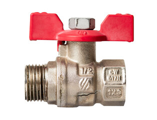 Close-up of a cracked metal ball valve with red handle, showing damage and corrosion, isolated on white background.