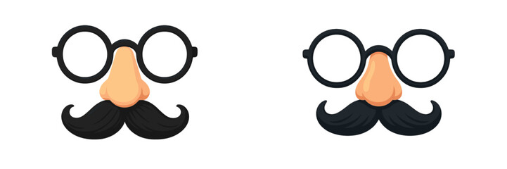 Funny glasses and mustaches on a white background create a playful and humorous visual effect for festive occasions