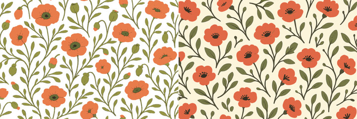 Floral pattern design showcasing red flowers and green leaves on a light background