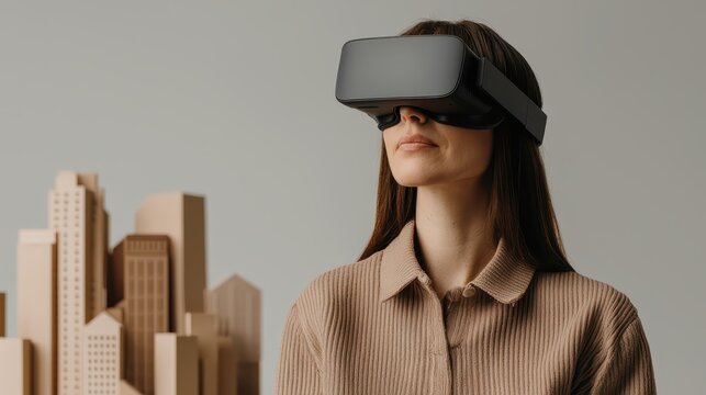economy growth efficiency concept. Woman wearing VR headset with a cityscape model in the background. - Powered by Adobe