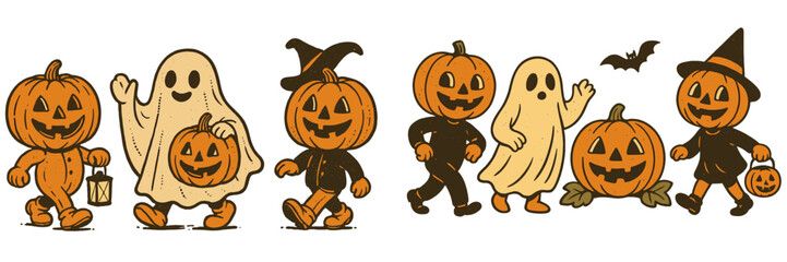 Children in costumes celebrate Halloween by walking with pumpkins and ghosts during a festive evening