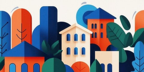 economy growth efficiency concept. Colorful abstract illustration of houses and trees creating a vibrant landscape.