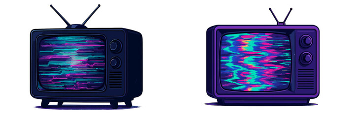 Retro television sets displaying colorful static on a white background in a modern artistic style