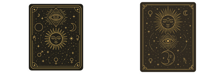 Intricate tarot card designs featuring sun, moon, and celestial symbols in a mystical theme © Alan