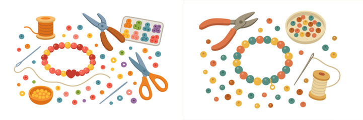 Crafting jewelry with colorful beads and tools in a creative workspace during the day