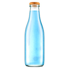Glass bottle filled with vibrant blue water and cork stopper, isolated on transparent background.