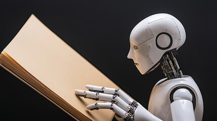economy growth efficiency concept. A robot intently reading a large book, showcasing advanced technology and curiosity.
