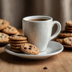 Ceramic Cup of Hot Coffee with Cookies on Neutral Surface