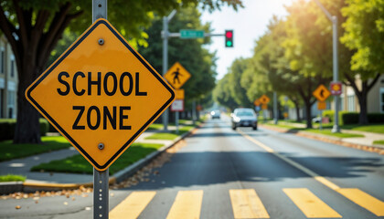 School Zone Sign on Sunny Street with Traffic Light and Pedestrian Crosswalk for Safety Awareness, Educational Blogs, Community Guidelines, and Urban Planning Resources  