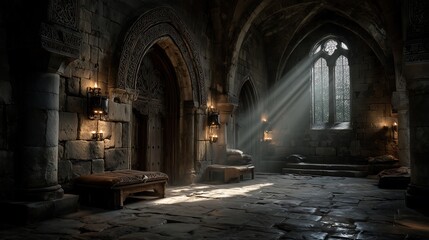 Obraz premium Ancient Stone Chamber with Sunbeams. Ideal for Mystical or Historical Concepts