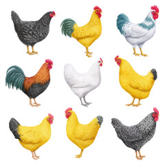 Colorful Collection of Different Chicken Breeds, isolated on transparent background.