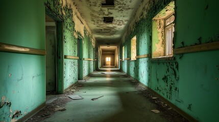 Fototapeta premium Dark Eerie Hospital Hallway in Abandoned Building, Horror Atmosphere. Perfect for Horror Cinematic Concepts