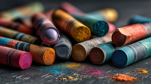 Colorful crayons scattered near blackboard, a playful burst of creativity in learning