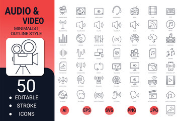 Audio and video editable stroke line icon pack – media, podcast, music, and streaming symbols