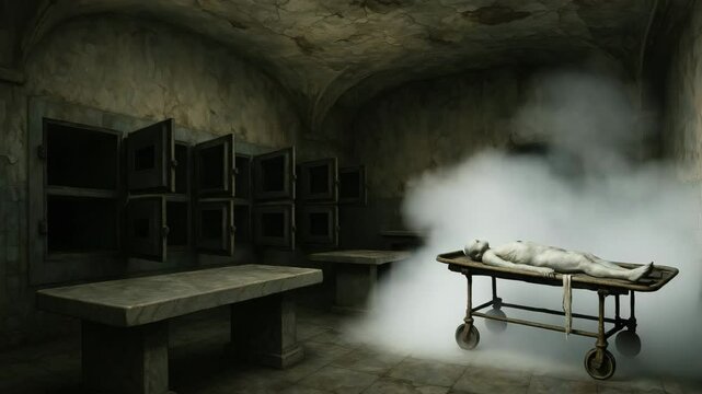 Forsaken Morgue: Cooler Slams, Frost Creeps on Table, Bandage Drops &ndash; Icy Medical Horror Shot
