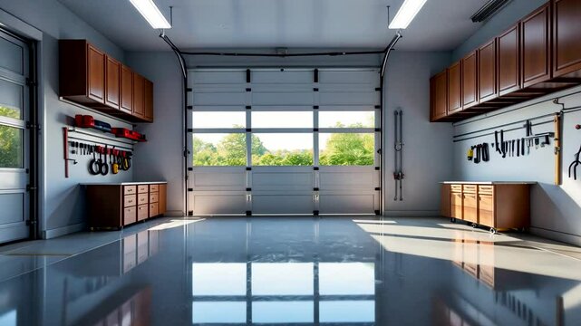 Clean organized garage with tool cabinets, workbench, wall-mounted gear and open doors to green outdoors