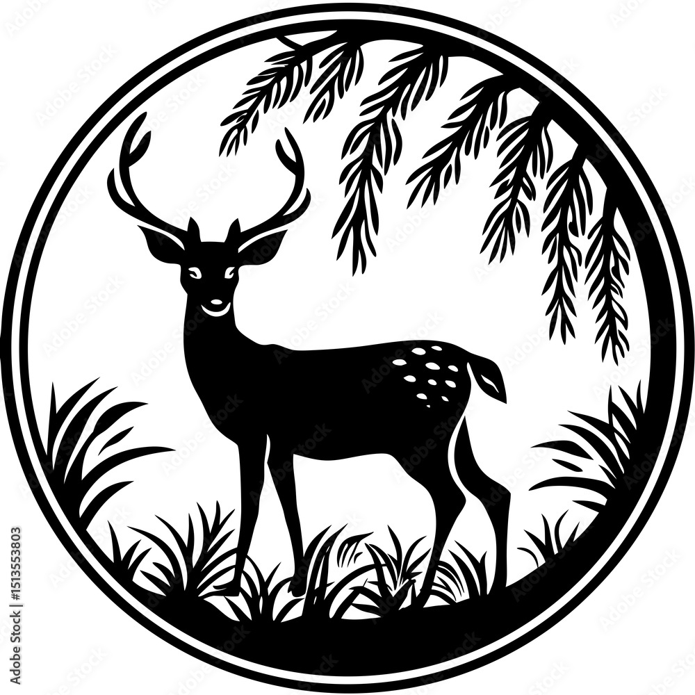 Aufkleber silhouette of a deer under a tree in a circular frame