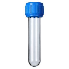 Clear Laboratory Test Tube with Blue Cap for Scientific Experiments, isolated on transparent background.