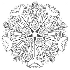 A cute Halloween mandala featuring a little witch with a broomstick, owl, and bats in a circular design- Transparent PNG