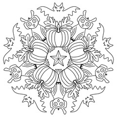 A spooky Halloween mandala with pumpkins, owls, and bats in black and white outline - Transparent PNG