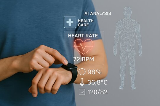 businessman hand holding touching smart watch with hologram projector of health app