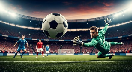 Football Goalkeeper Action: Diving Save, Ball in Motion, Stadium Lights
