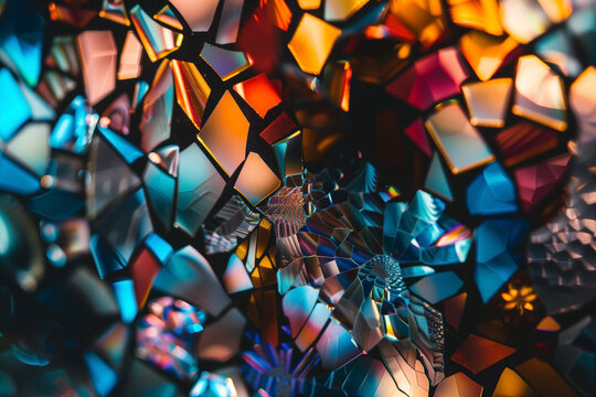 Abstract mosaic of multicolored fragments. A kaleidoscope of light dances across geometric shapes, forming intricate patterns.