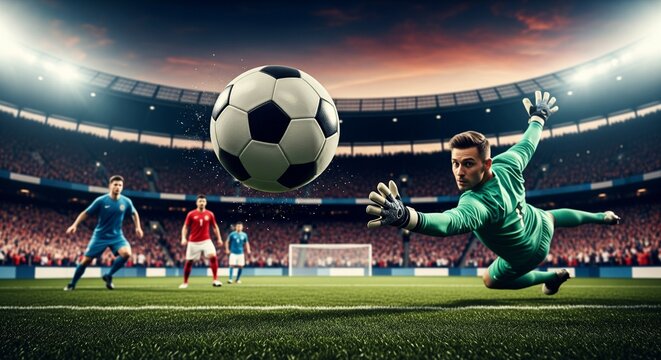 Football Goalkeeper Action: Diving Save, Ball in Motion, Stadium Lights