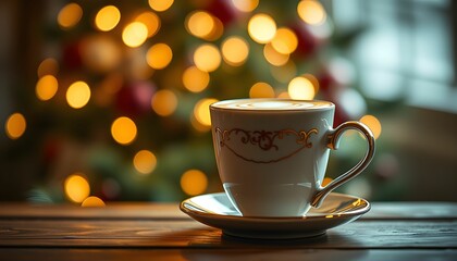 Obraz premium Cozy Christmas Morning Warm Drink by the Festive Tree