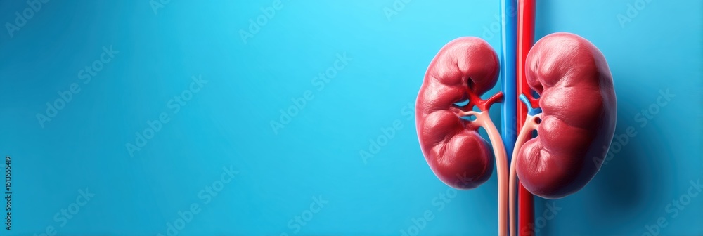 Poster Realistic 3D Render Showcasing Healthy Human Kidneys Against a Clean Blue Background With an Empty Upper Section