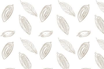 
Abstract seamless pattern with cocoa beans and leaves in brown tones. PNG vector. Vector illustration.
