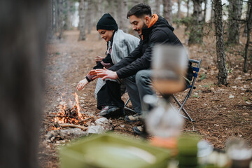 A couple enjoys a warm campfire during a winter picnic in the forest. They bond, appreciating the serene atmosphere around the trees, nature, and outdoors, symbolizing relaxation and connection.