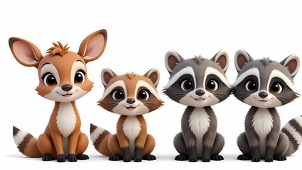 Obraz premium Cute 3D cartoon forest animals lined up on white background