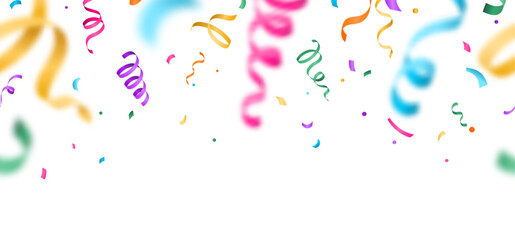 Confetti seamless vector banner background with colorful flying blurred serpentine ribbons. Birthday, party, anniversary, carnival border illustration in flat gradient style. Pattern on light backdrop