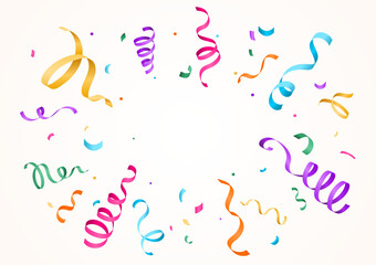Confetti vector background with colorful confettis and serpentine ribbons isolated on light backdrop, copy space at the center. Festive pattern illustration in flat modern gradient simple style.