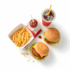 fast food top view solid background text space