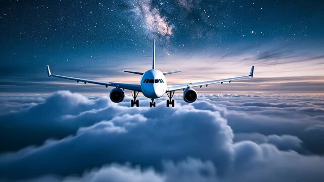 An airplane ascends into a clear twilight sky, surrounded by layers of soft clouds. The vibrant colors of dawn create a breathtaking backdrop for this thrilling moment