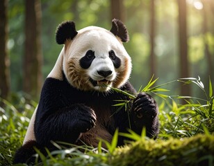 Obraz premium Giant Panda Eating Bamboo in the Forest