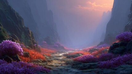 Serene sunset valley vibrant purple and orange wildflowers rocky landscape mystical atmosphere