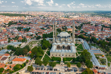 Selimiye Mosque (Selimiye Mosque) aerial view taken with a drone. The building, built by Mimar Sinan, has been included in the UNESCO World Heritage List. Edirne, Turkey.