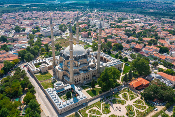 Selimiye Mosque (Selimiye Mosque) aerial view taken with drone.Wide angle city view. The mosque was built by Mimar Sinan.Edirne,Turkey.