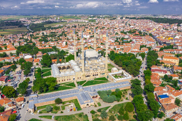 Selimiye Mosque (Selimiye Mosque) aerial view taken with drone.Wide angle city view. The mosque was built by Mimar Sinan.Edirne,Turkey.