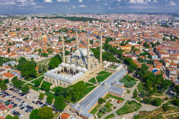 Selimiye Mosque (Selimiye Mosque) aerial view taken with drone.Wide angle city view. The mosque was built by Mimar Sinan.Edirne,Turkey.