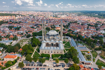 Selimiye Mosque (Selimiye Mosque) aerial view taken with a drone. The building, built by Mimar Sinan, has been included in the UNESCO World Heritage List. Edirne, Turkey.
