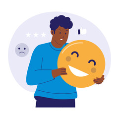 Emotional Feedback Illustration of Man Holding Happy Emoji Face. Illustrations for websites, landing pages, mobile apps, posters and banners