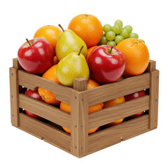 Crate filled to the brim with a variety of colorful fresh fruits, including apples, oranges, pears, and grapes