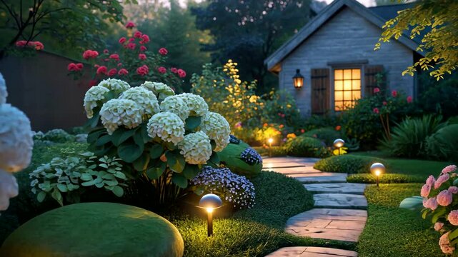 Cozy illuminated garden path with blooming flowers and small cottage house in twilight backyard setting